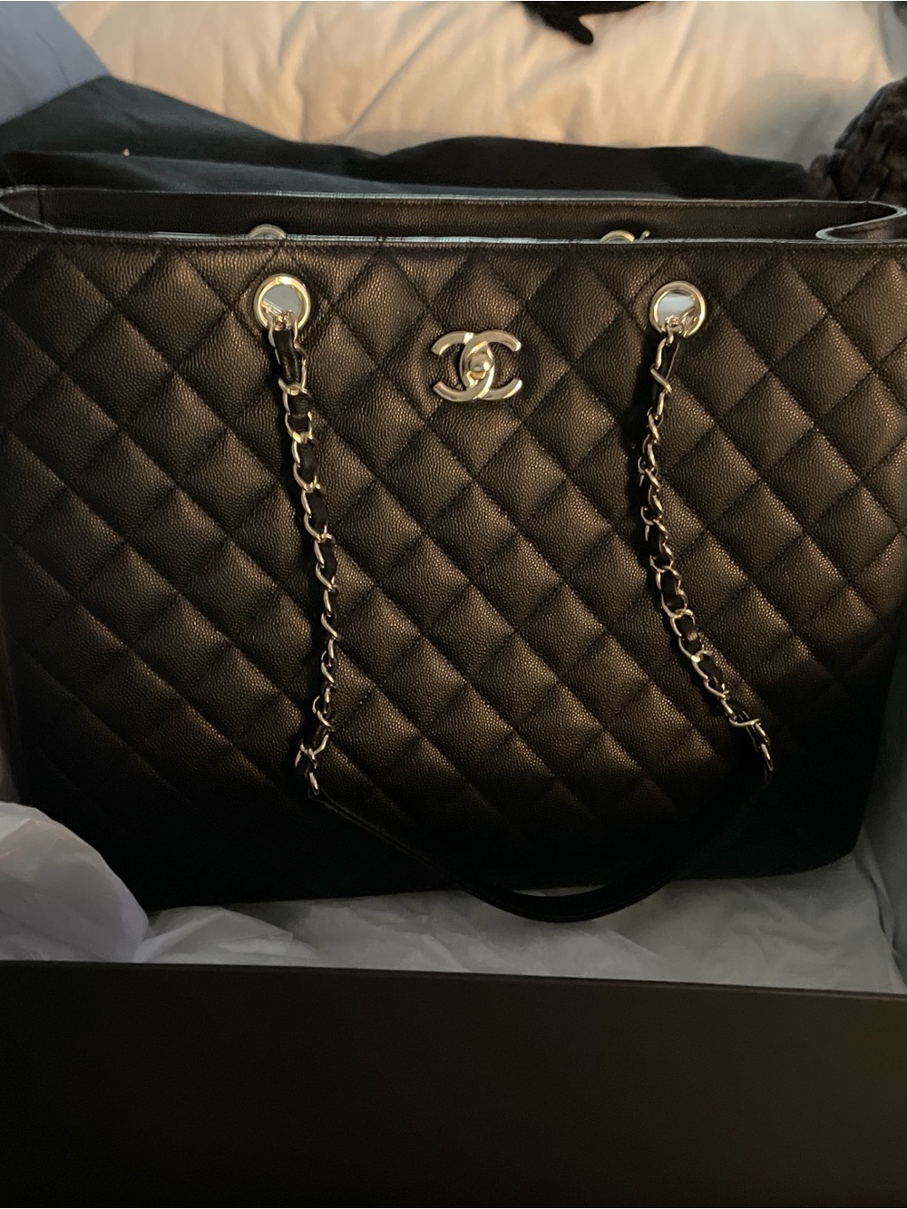 CHANEL Black Quilted Leather Chain-Strap Tote